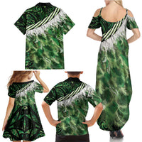 Green Traditional Cloak Aotearoa Family Matching Summer Maxi Dress and Hawaiian Shirt Maori Paua Shell Korowai Pattern