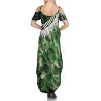 Green Traditional Cloak Aotearoa Family Matching Summer Maxi Dress and Hawaiian Shirt Maori Paua Shell Korowai Pattern