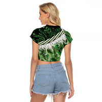 Green Traditional Cloak Aotearoa Raglan Cropped T Shirt Maori Paua Shell Korowai Pattern LT14 - Polynesian Pride