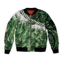 Green Traditional Cloak Aotearoa Sleeve Zip Bomber Jacket Maori Paua Shell Korowai Pattern
