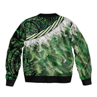 Green Traditional Cloak Aotearoa Sleeve Zip Bomber Jacket Maori Paua Shell Korowai Pattern