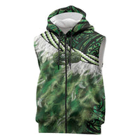 Green Traditional Cloak Aotearoa Sleeveless Zip Hoodie Maori Paua Shell Korowai Pattern LT14 Green - Polynesian Pride