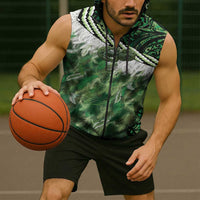 Green Traditional Cloak Aotearoa Sleeveless Zip Hoodie Maori Paua Shell Korowai Pattern LT14 - Polynesian Pride