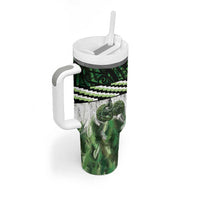 Green Traditional Cloak Aotearoa Tumbler With Handle Maori Paua Shell Korowai Pattern
