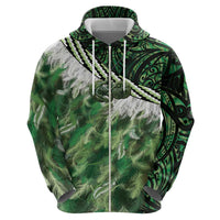 Green Traditional Cloak Aotearoa Zip Hoodie Maori Paua Shell Korowai Pattern