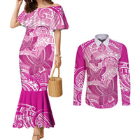 Personalised Polynesia Breast Cancer Awareness Couples Matching Mermaid Dress and Long Sleeve Button Shirt Think Pink Ribbon Polynesian Butterflies