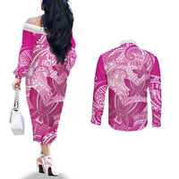 Personalised Polynesia Breast Cancer Awareness Couples Matching Off The Shoulder Long Sleeve Dress and Long Sleeve Button Shirt Think Pink Ribbon Polynesian Butterflies