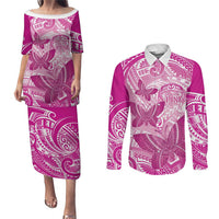 Personalised Polynesia Breast Cancer Awareness Couples Matching Puletasi and Long Sleeve Button Shirt Think Pink Ribbon Polynesian Butterflies LT14 Pink - Polynesian Pride