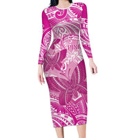 Personalised Polynesia Breast Cancer Awareness Family Matching Long Sleeve Bodycon Dress and Hawaiian Shirt Think Pink Ribbon Polynesian Butterflies