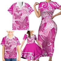 Personalised Polynesia Breast Cancer Awareness Family Matching Short Sleeve Bodycon Dress and Hawaiian Shirt Think Pink Ribbon Polynesian Butterflies