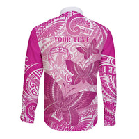 Personalised Polynesia Breast Cancer Awareness Long Sleeve Button Shirt Think Pink Ribbon Polynesian Butterflies LT14 - Polynesian Pride