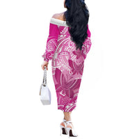 Personalised Polynesia Breast Cancer Awareness Off The Shoulder Long Sleeve Dress Think Pink Ribbon Polynesian Butterflies LT14 - Polynesian Pride