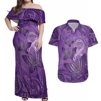 Personalised Polynesia Lupus Awareness Month Couples Matching Off Shoulder Maxi Dress and Hawaiian Shirt Warrior Purple Ribbon Polynesian Butterflies