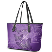Polynesia Lupus Awareness Month Leather Tote Bag Warrior Purple Ribbon Polynesian Butterflies LT14 - Polynesian Pride