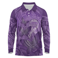 Personalised Polynesia Lupus Awareness Month Long Sleeve Polo Shirt Warrior Purple Ribbon Polynesian Butterflies LT14 Purple - Polynesian Pride