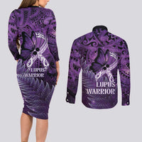 Lupus Awareness Month New Zealand Couples Matching Long Sleeve Bodycon Dress and Long Sleeve Button Shirt Be Strong Warrior Maori Silver Fern