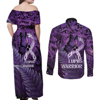 Lupus Awareness Month New Zealand Couples Matching Off Shoulder Maxi Dress and Long Sleeve Button Shirt Be Strong Warrior Maori Silver Fern