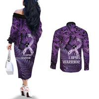 Lupus Awareness Month New Zealand Couples Matching Off The Shoulder Long Sleeve Dress and Long Sleeve Button Shirt Be Strong Warrior Maori Silver Fern