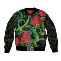 New Zealand Gecko Bomber Jacket Aotearoa Maori With Pohutukawa Flowers LT14 Unisex Black - Polynesian Pride