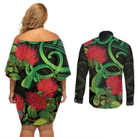 New Zealand Gecko Couples Matching Off Shoulder Short Dress and Long Sleeve Button Shirt Aotearoa Maori With Pohutukawa Flowers