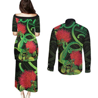 New Zealand Gecko Couples Matching Puletasi and Long Sleeve Button Shirt Aotearoa Maori With Pohutukawa Flowers LT14 - Polynesian Pride