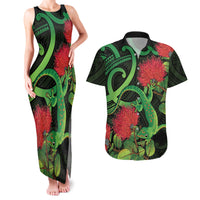 New Zealand Gecko Couples Matching Tank Maxi Dress and Hawaiian Shirt Aotearoa Maori With Pohutukawa Flowers