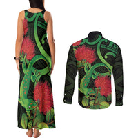 New Zealand Gecko Couples Matching Tank Maxi Dress and Long Sleeve Button Shirt Aotearoa Maori With Pohutukawa Flowers