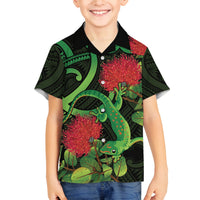 New Zealand Gecko Family Matching Puletasi and Hawaiian Shirt Aotearoa Maori With Pohutukawa Flowers