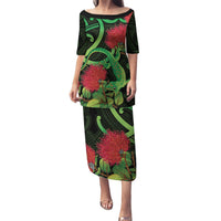 New Zealand Gecko Puletasi Aotearoa Maori With Pohutukawa Flowers LT14 Long Dress Black - Polynesian Pride