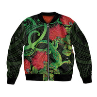 New Zealand Gecko Sleeve Zip Bomber Jacket Aotearoa Maori With Pohutukawa Flowers LT14 Unisex Black - Polynesian Pride