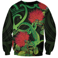New Zealand Gecko Sweatshirt Aotearoa Maori With Pohutukawa Flowers LT14 Unisex Black - Polynesian Pride