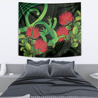New Zealand Gecko Tapestry Aotearoa Maori With Pohutukawa Flowers