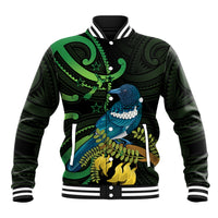 New Zealand Tui Bird Baseball Jacket Aotearoa Maori With Kowhai Flowers LT14 Unisex Black - Polynesian Pride