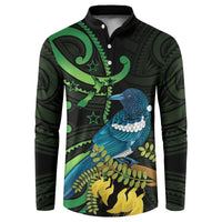 New Zealand Tui Bird Button Sweatshirt Aotearoa Maori With Kowhai Flowers LT14 Black - Polynesian Pride