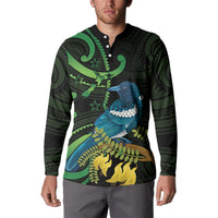 New Zealand Tui Bird Button Sweatshirt Aotearoa Maori With Kowhai Flowers LT14 - Polynesian Pride