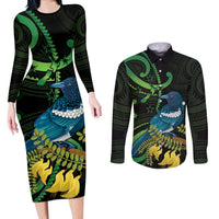 New Zealand Tui Bird Couples Matching Long Sleeve Bodycon Dress and Long Sleeve Button Shirt Aotearoa Maori With Kowhai Flowers
