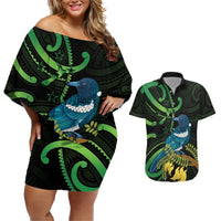 New Zealand Tui Bird Couples Matching Off Shoulder Short Dress and Hawaiian Shirt Aotearoa Maori With Kowhai Flowers LT14 Black - Polynesian Pride