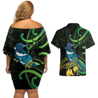 New Zealand Tui Bird Couples Matching Off Shoulder Short Dress and Hawaiian Shirt Aotearoa Maori With Kowhai Flowers LT14 - Polynesian Pride