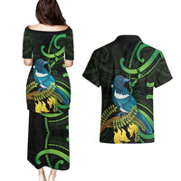 New Zealand Tui Bird Couples Matching Puletasi and Hawaiian Shirt Aotearoa Maori With Kowhai Flowers