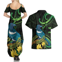 New Zealand Tui Bird Couples Matching Summer Maxi Dress and Hawaiian Shirt Aotearoa Maori With Kowhai Flowers LT14 - Polynesian Pride