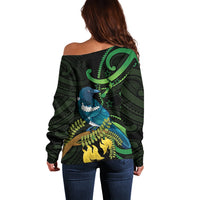 New Zealand Tui Bird Off Shoulder Sweater Aotearoa Maori With Kowhai Flowers
