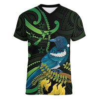 New Zealand Tui Bird Women V-Neck T-Shirt Aotearoa Maori With Kowhai Flowers