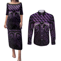 Purple Matariki New Zealand Couples Matching Puletasi and Long Sleeve Button Shirt Maori Poutama Galaxy Vibes