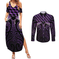 Purple Matariki New Zealand Couples Matching Summer Maxi Dress and Long Sleeve Button Shirt Maori Poutama Galaxy Vibes
