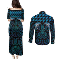 Blue Matariki New Zealand Couples Matching Puletasi and Long Sleeve Button Shirt Maori Poutama Galaxy Vibes