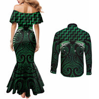 Green Matariki New Zealand Couples Matching Mermaid Dress and Long Sleeve Button Shirt Maori Poutama Galaxy Vibes