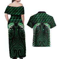 Green Matariki New Zealand Couples Matching Off Shoulder Maxi Dress and Hawaiian Shirt Maori Poutama Galaxy Vibes