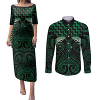 Green Matariki New Zealand Couples Matching Puletasi and Long Sleeve Button Shirt Maori Poutama Galaxy Vibes