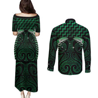 Green Matariki New Zealand Couples Matching Puletasi and Long Sleeve Button Shirt Maori Poutama Galaxy Vibes