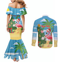 Flamingo Hawaii Summer Christmas Personalized Couples Matching Mermaid Dress and Long Sleeve Button Shirt Mele Kalikimaka Beachy Vibes